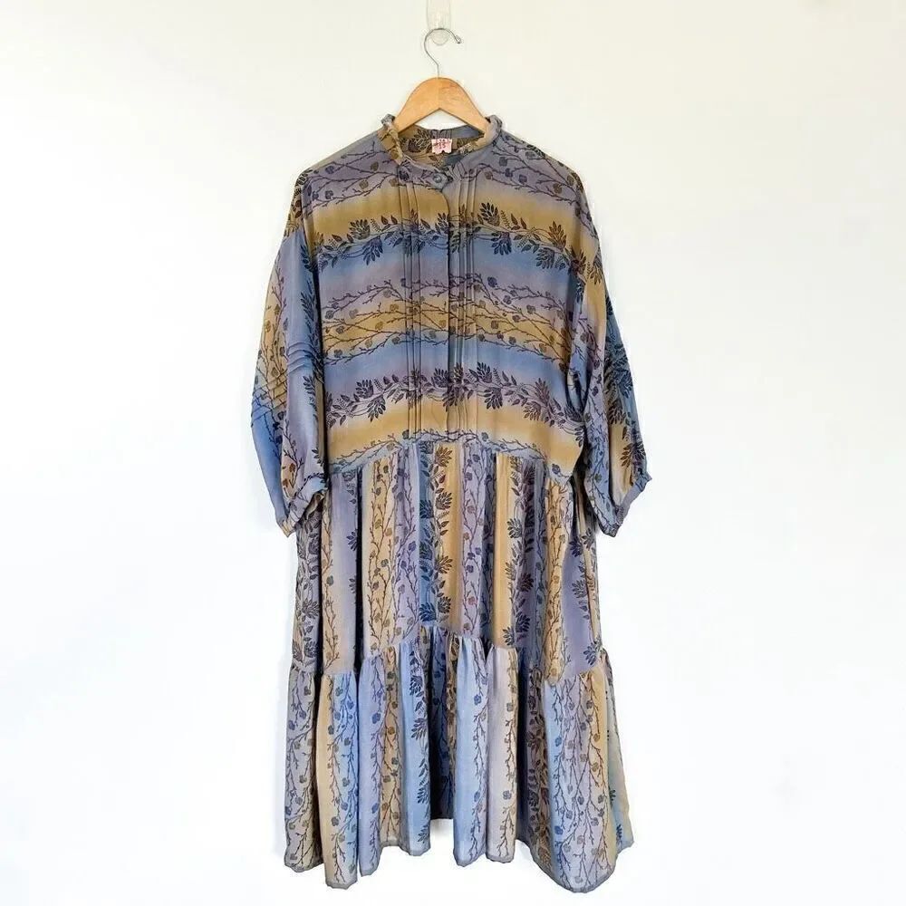 PBL 100% Silk Boho All Over Floral Printed 3/4 Sleeve Button Top Flounce Hem Max